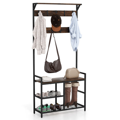Multi-Functional Hall Tree with Bench Shelves and 9 Removable Hooks for Entryway 71 Inch