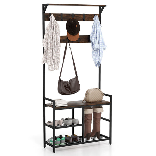 Multi-Functional Hall Tree with Bench Shelves and 9 Removable Hooks for Entryway 71 Inch