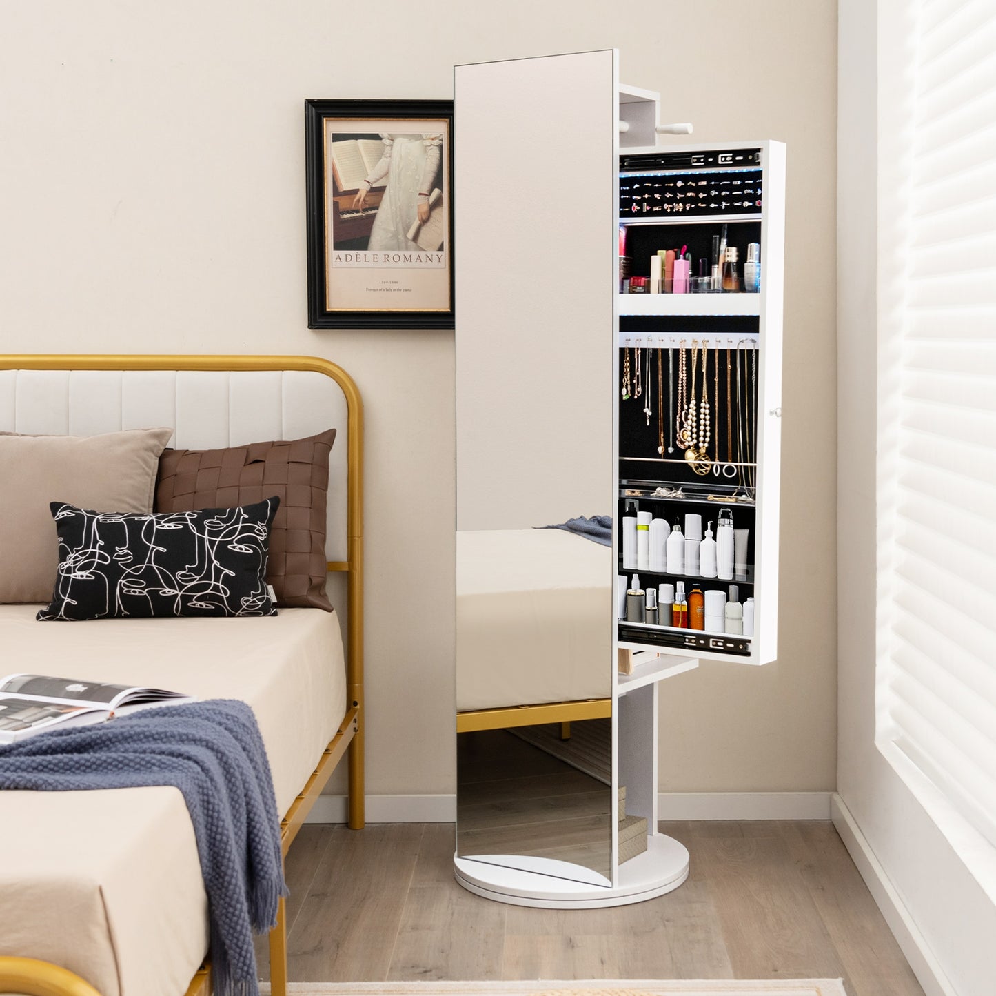 3-in-1 Swivel Jewelry Armoire with Full-Length Mirror, LED Lights and Coat Rack