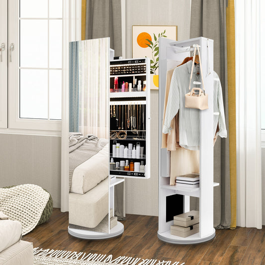 3-in-1 Swivel Jewelry Armoire with Full-Length Mirror, LED Lights and Coat Rack