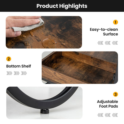 Product highlights of a wooden shelf with ease of cleaning, bottom shelf visibility, and adjustable foot pads features.