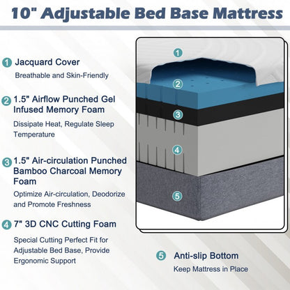 Twin XL Adjustable Bed Mattress with Gel Memory Foam & Convoluted Foam for Enhanced Comfort