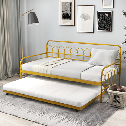 Golden Metal Twin Daybed with Trundle and Lockable Wheels – Space-Saving Sofa and Guest Bed