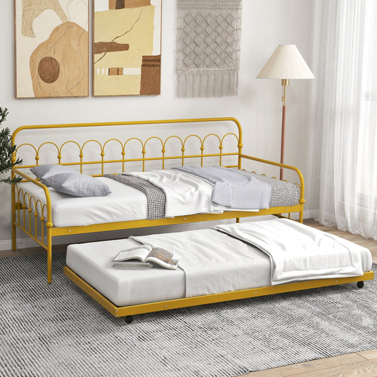 Golden Metal Twin Daybed with Trundle and Lockable Wheels – Space-Saving Sofa and Guest Bed