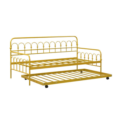 Golden Metal Twin Daybed with Trundle and Lockable Wheels – Space-Saving Sofa and Guest Bed