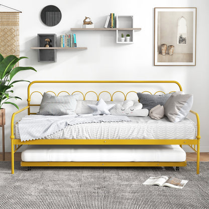 Golden Metal Twin Daybed with Trundle and Lockable Wheels – Space-Saving Sofa and Guest Bed