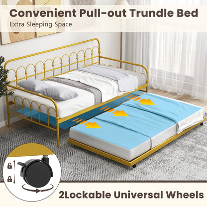 Golden Metal Twin Daybed with Trundle and Lockable Wheels – Space-Saving Sofa and Guest Bed