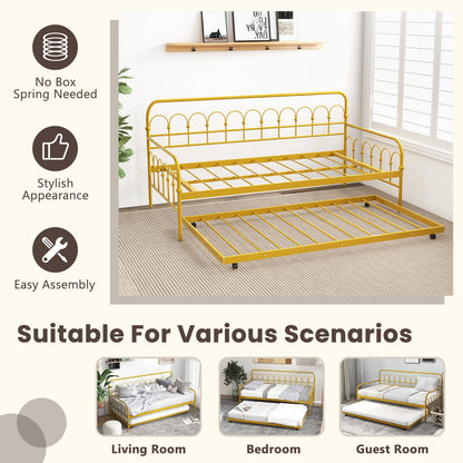 Golden Metal Twin Daybed with Trundle and Lockable Wheels – Space-Saving Sofa and Guest Bed