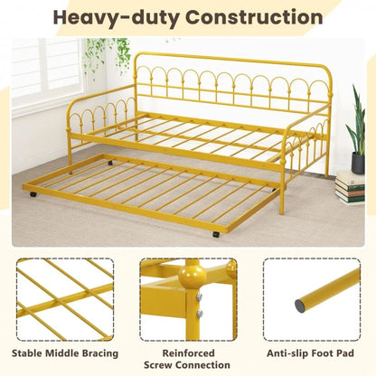 Golden Metal Twin Daybed with Trundle and Lockable Wheels – Space-Saving Sofa and Guest Bed