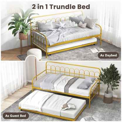 Golden Metal Twin Daybed with Trundle and Lockable Wheels – Space-Saving Sofa and Guest Bed