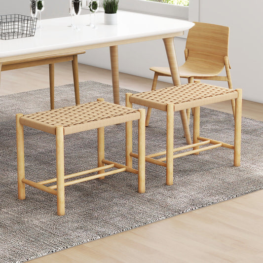 Pair of 18 Inch Wooden Dining Stools with Woven Paper Rope Seats