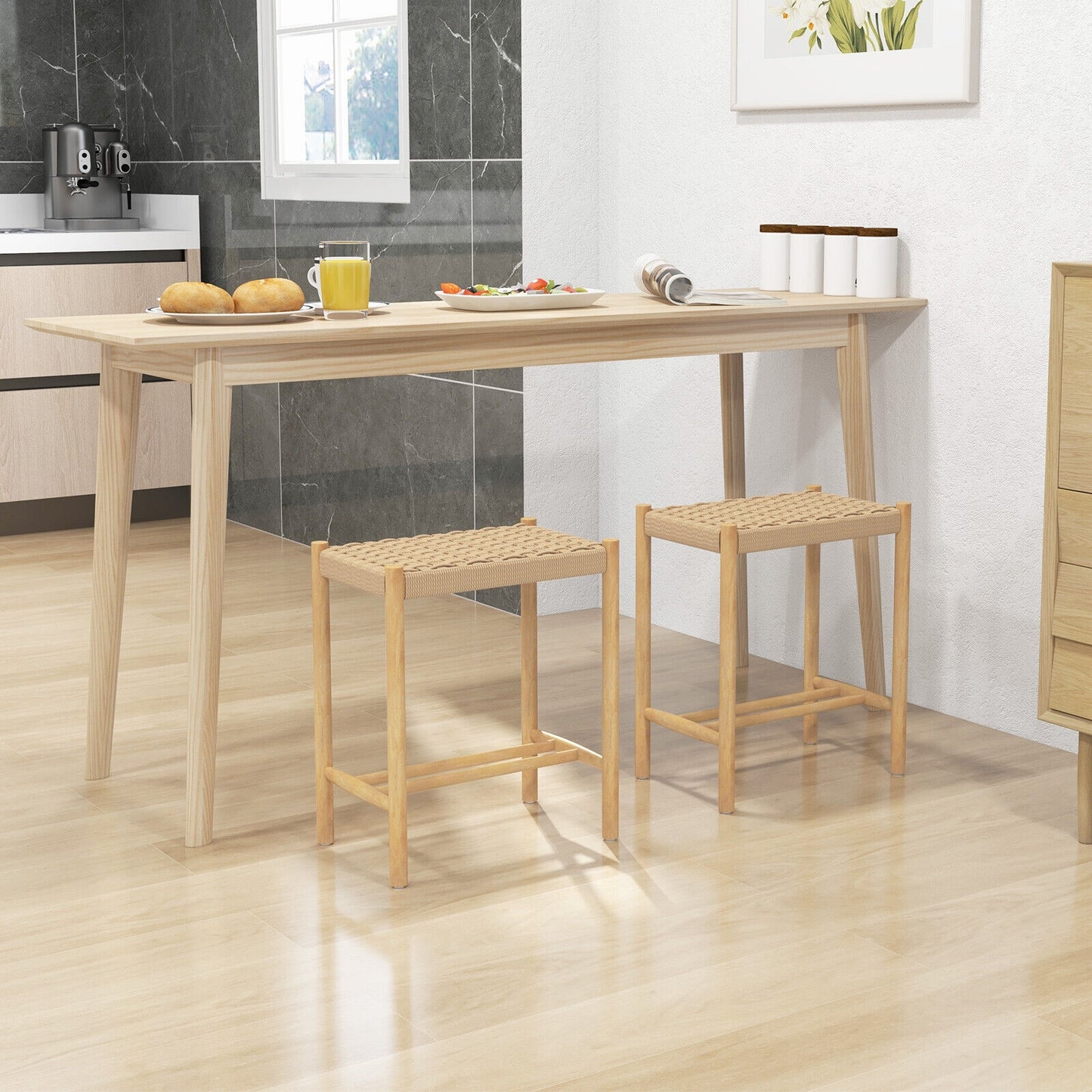 Pair of 18 Inch Wooden Dining Stools with Woven Paper Rope Seats