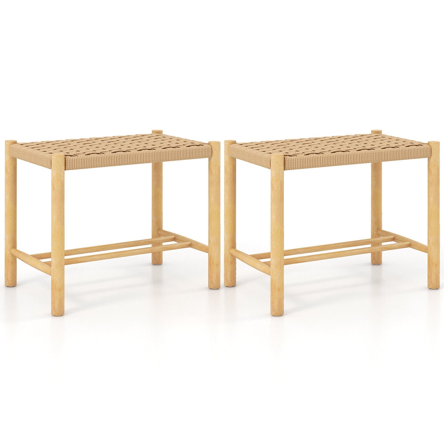 Pair of 18 Inch Wooden Dining Stools with Woven Paper Rope Seats
