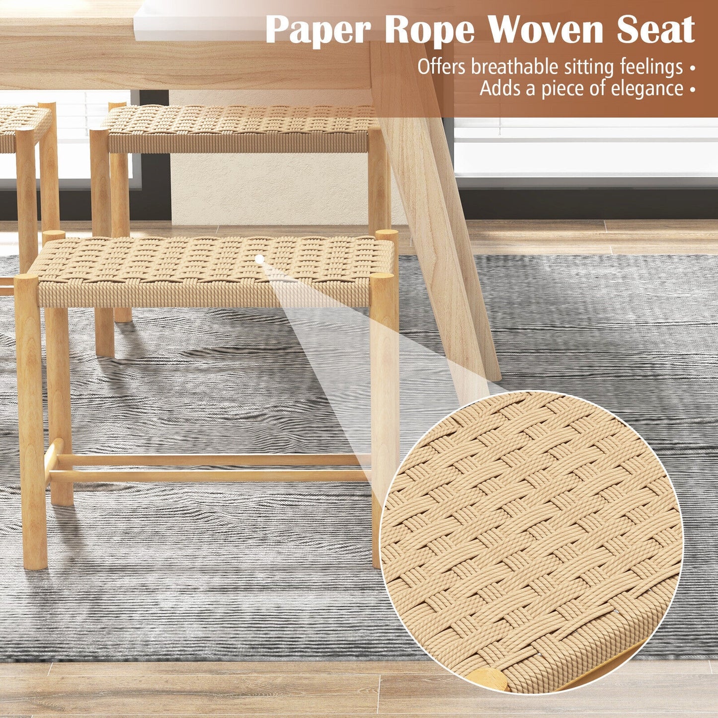 Pair of 18 Inch Wooden Dining Stools with Woven Paper Rope Seats