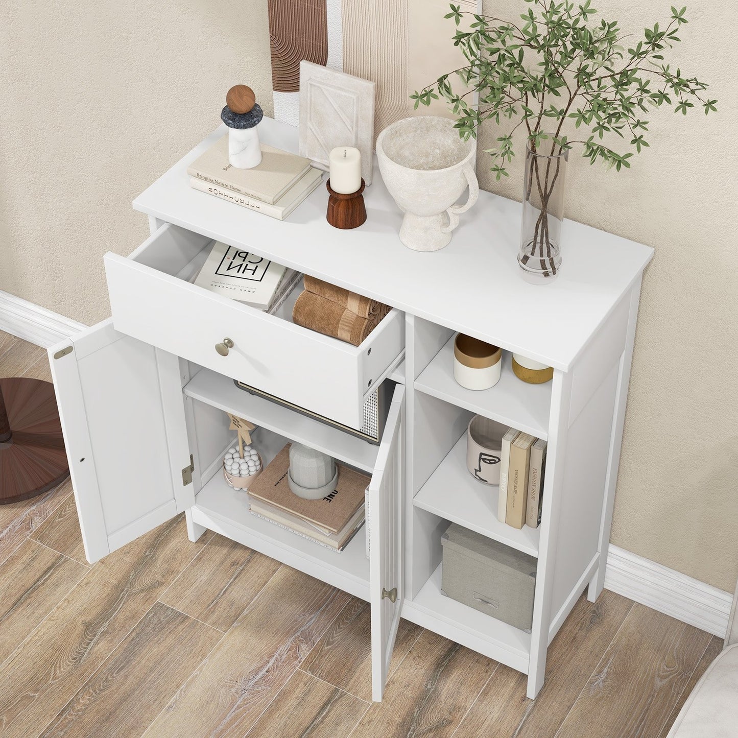 5-Shelf Freestanding Storage Cabinet with Adjustable Shelf, Drawer & Open Compartments