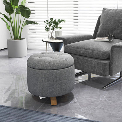 Round Upholstered Storage Ottoman with Tufted Seat and Solid Rubber Wood Legs
