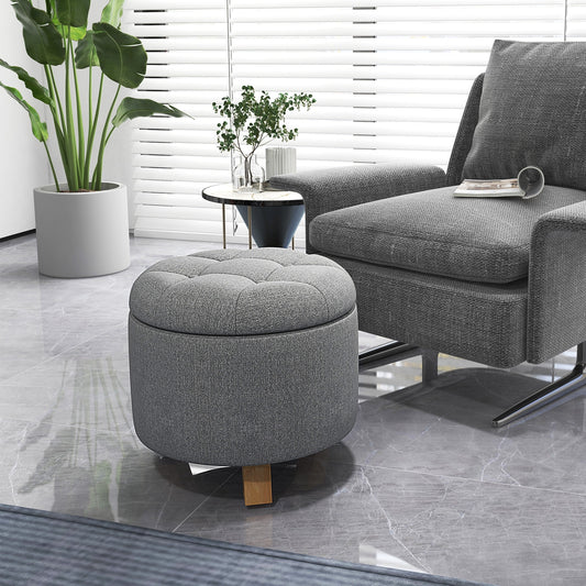 Round Upholstered Storage Ottoman with Tufted Seat and Solid Rubber Wood Legs