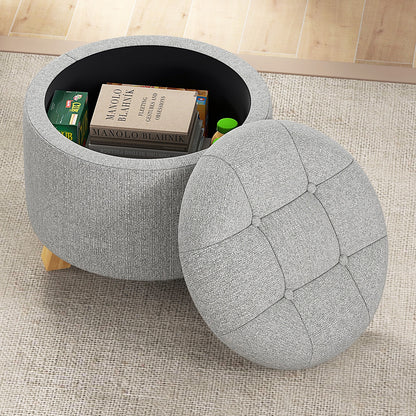 Round Upholstered Storage Ottoman with Tufted Seat and Solid Rubber Wood Legs