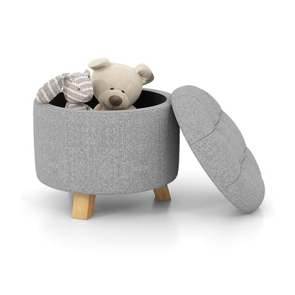 Round Upholstered Storage Ottoman with Tufted Seat and Solid Rubber Wood Legs