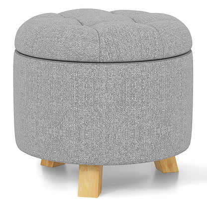 Round Upholstered Storage Ottoman with Tufted Seat and Solid Rubber Wood Legs