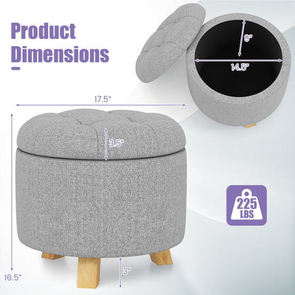 Round Upholstered Storage Ottoman with Tufted Seat and Solid Rubber Wood Legs