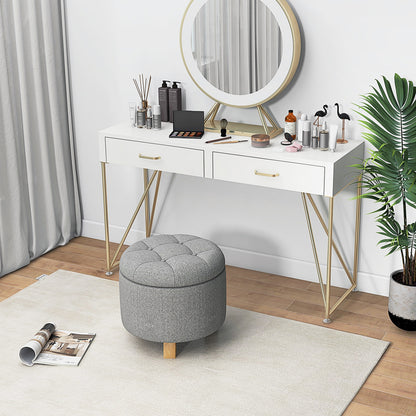 Round Upholstered Storage Ottoman with Tufted Seat and Solid Rubber Wood Legs