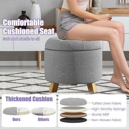 Round Upholstered Storage Ottoman with Tufted Seat and Solid Rubber Wood Legs