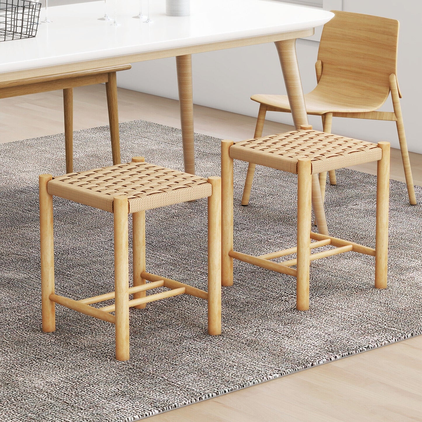 Pair of Wooden Dining Stools with Handwoven Rope Seats and Rubber Wood Frame