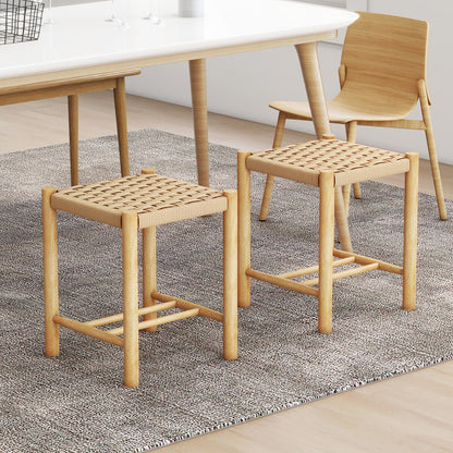Pair of Wooden Dining Stools with Handwoven Rope Seats and Rubber Wood Frame