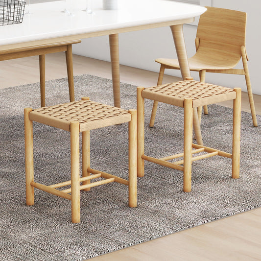 Pair of Wooden Dining Stools with Handwoven Rope Seats and Rubber Wood Frame