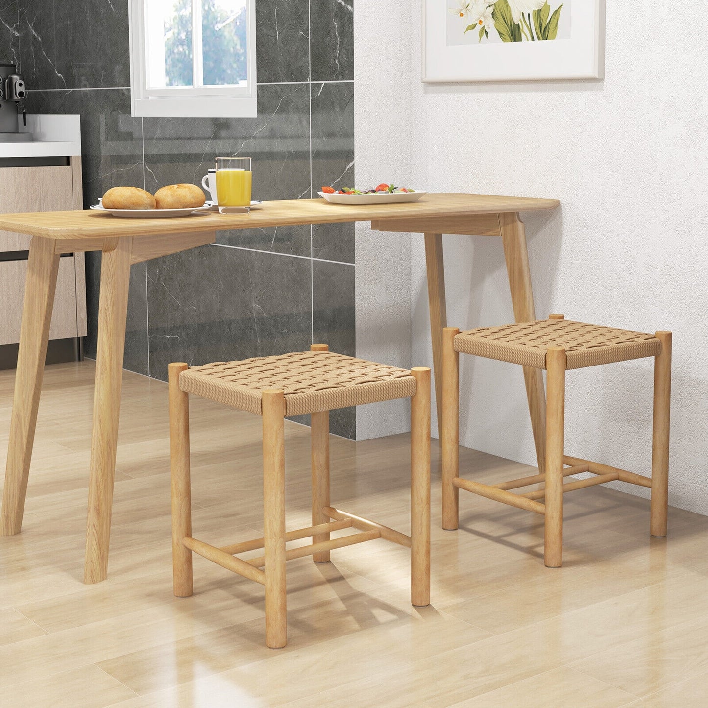 Pair of Wooden Dining Stools with Handwoven Rope Seats and Rubber Wood Frame