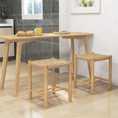 Pair of Wooden Dining Stools with Handwoven Rope Seats and Rubber Wood Frame