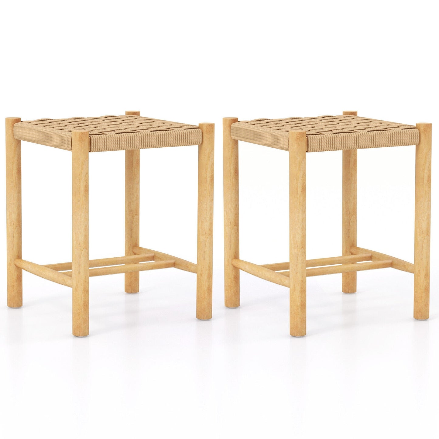 Pair of Wooden Dining Stools with Handwoven Rope Seats and Rubber Wood Frame