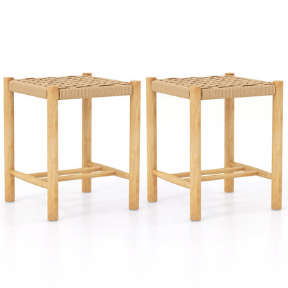 Pair of Wooden Dining Stools with Handwoven Rope Seats and Rubber Wood Frame