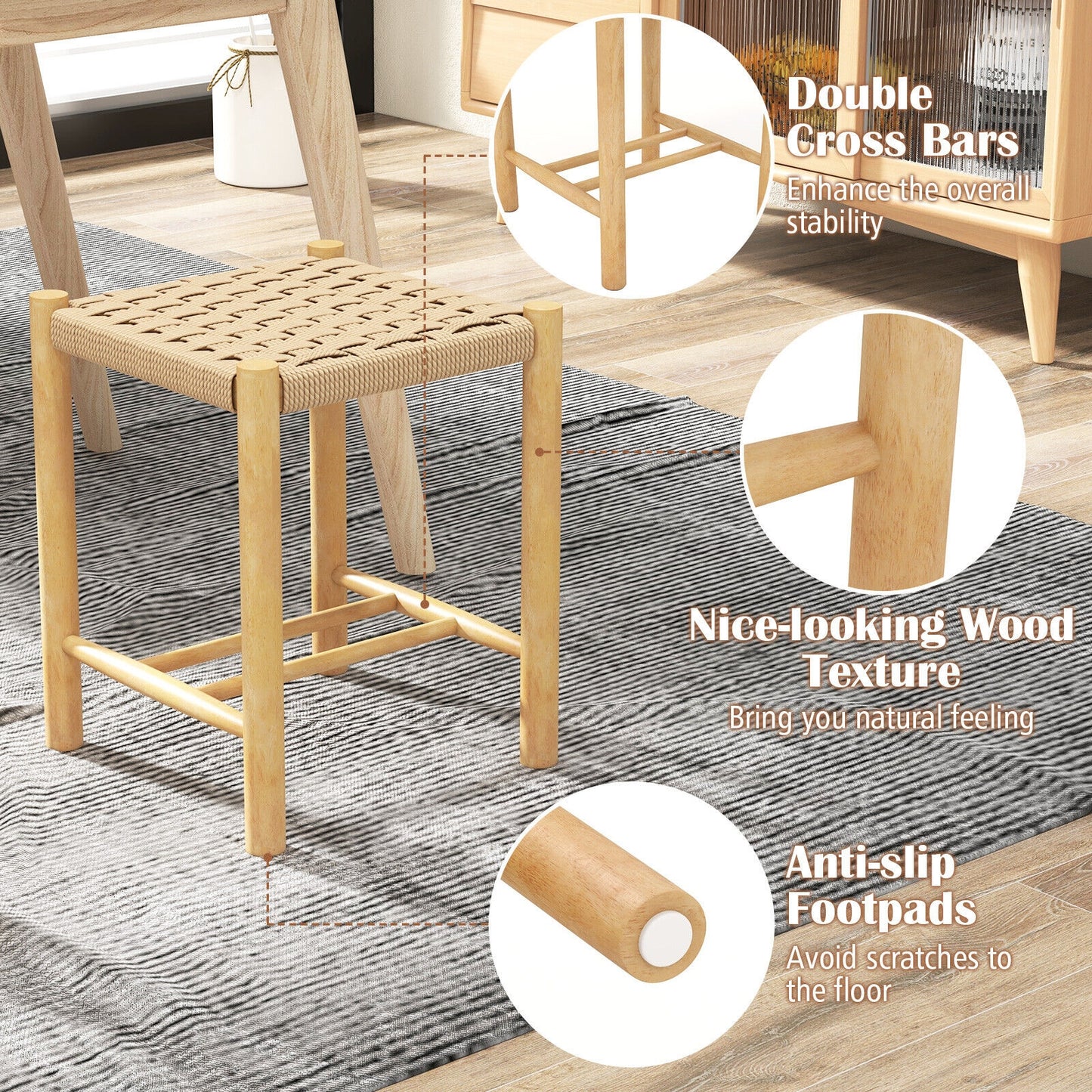 Pair of Wooden Dining Stools with Handwoven Rope Seats and Rubber Wood Frame
