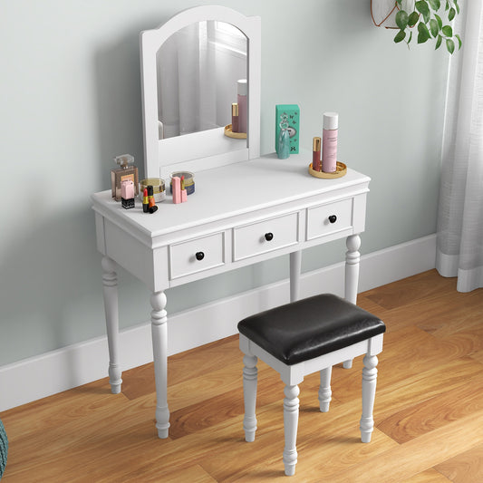3 Drawer Makeup Vanity Table with Cushioned Stool and Removable Mirror – White