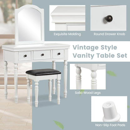 3 Drawer Makeup Vanity Table with Cushioned Stool and Removable Mirror – White