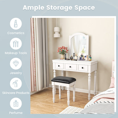 3 Drawer Makeup Vanity Table with Cushioned Stool and Removable Mirror – White