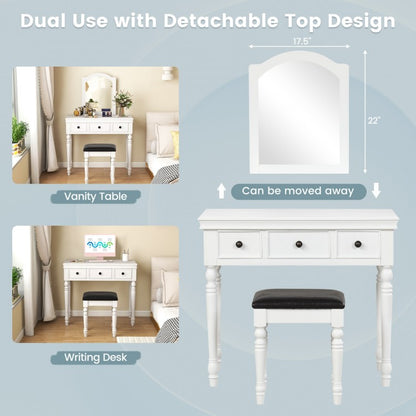 3 Drawer Makeup Vanity Table with Cushioned Stool and Removable Mirror – White