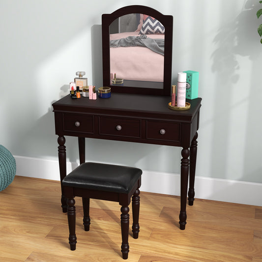 3 Drawer Makeup Vanity Table with Cushioned Stool and Removable Mirror – Walnut