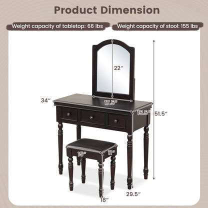 3 Drawer Makeup Vanity Table with Cushioned Stool and Removable Mirror – Walnut