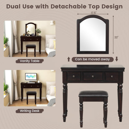 3 Drawer Makeup Vanity Table with Cushioned Stool and Removable Mirror – Walnut