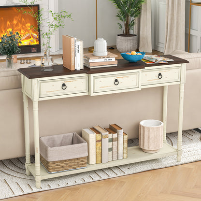 Vintage Inspired Hallway Console Table with Storage Drawers and Open Shelf