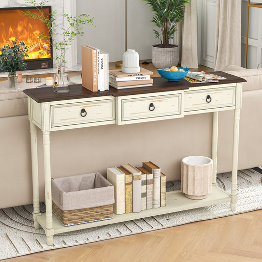 Vintage Inspired Hallway Console Table with Storage Drawers and Open Shelf