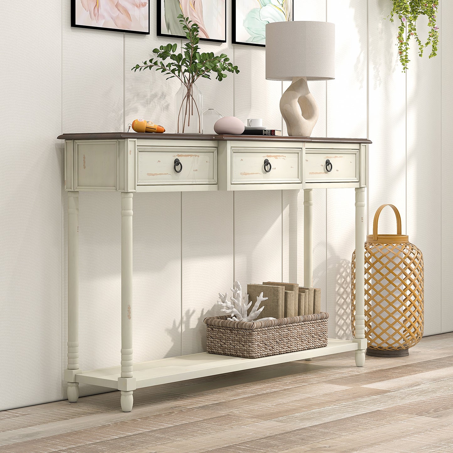 Vintage Inspired Hallway Console Table with Storage Drawers and Open Shelf