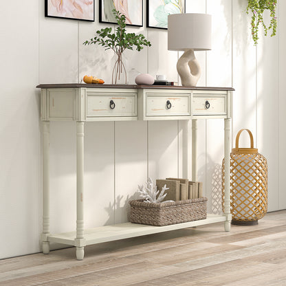 Vintage Inspired Hallway Console Table with Storage Drawers and Open Shelf