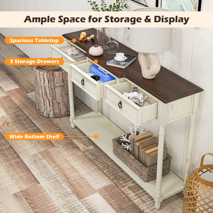 Vintage Inspired Hallway Console Table with Storage Drawers and Open Shelf