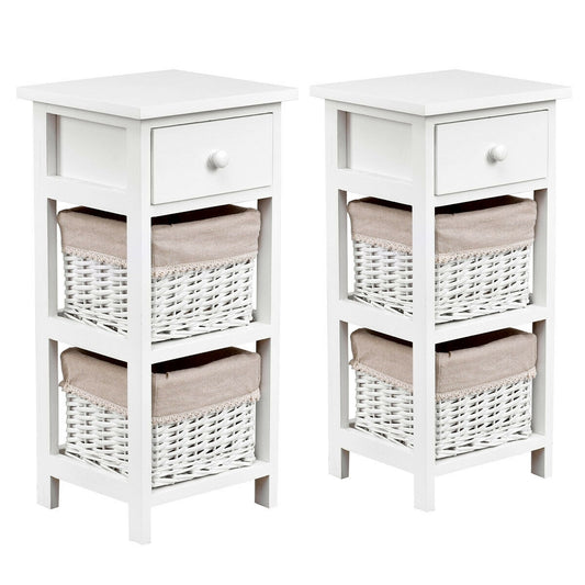 Set of 2 White Bedside Tables with Drawer and Wicker Storage Baskets