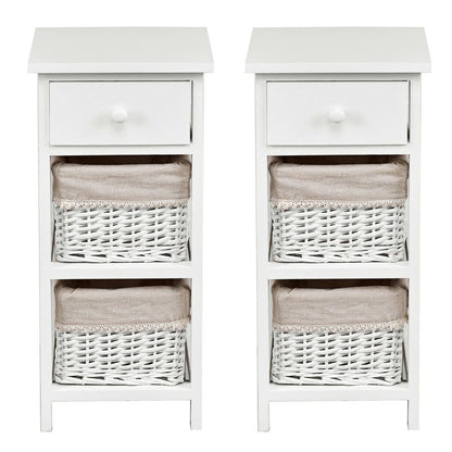 Set of 2 White Bedside Tables with Drawer and Wicker Storage Baskets