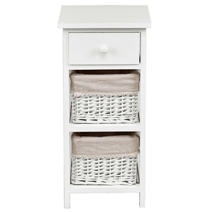 Set of 2 White Bedside Tables with Drawer and Wicker Storage Baskets